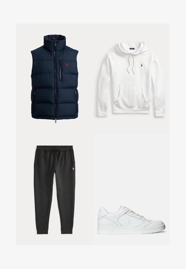 Marineblå foret vest med høj krave, fuld frontlynlås, lynlås på brystlomme, to lynlåse på sidelommer og lille rødt logo på brystet.; Hvid Polo Ralph Lauren hoodie med frontlomme, snøretræk i hætten og marineblåt broderet logo på venstre bryst.; Mørkegrå afslappede joggingbukser med justerbar snøre i taljen og et lille hvidt Polo-logo på det øverste venstre lår.; Hvide lædersneakers med en glat tekstur, der har en perforeret tå, snørebåndslukning og broderet logo på siden. Hvid gummisål.