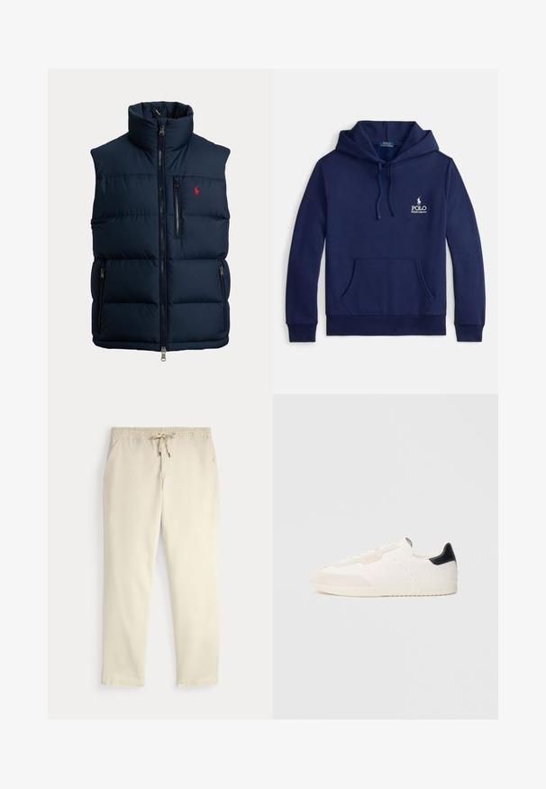 Marineblauwe pufferbodywarmer met hoge kraag, volledige ritssluiting aan de voorkant, ritssluiting op de borstzak, twee ritsen op de zijzakken en een klein rood logo op de borst.; Marineblauwe hoodie van een katoenmengsel, met een voorzak, verstelbare capuchon met trekkoord en een wit geborduurd logo op de borst.; Off-white casual broek met elastische tailleband en trekkoord, rechte pijpen en zijzakken op een effen achtergrond.; Witte leren sneakers met suède accenten, voorzien van een zwarte hielrand, vetersluiting, geperforeerde details en subtiele merkopdruk aan de zijkant.