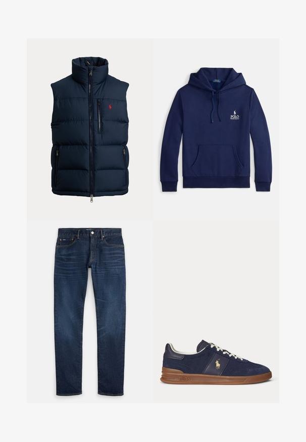 Marineblaue Steppweste mit hohem Kragen, durchgehendem Frontreißverschluss, Reißverschluss an der Brusttasche, zwei Reißverschlüssen an den Seitentaschen und kleinem roten Logo auf der Brust.; Marineblauer Hoodie aus Baumwollmischung mit einer Fronttasche, verstellbarer Kapuze mit Kordelzug und weißem, auf der Brust gesticktem Logo.; Dunkelblaue Slim-Fit-Jeans mit dezentem Verblassen an den Oberschenkeln, Fünf-Taschen-Design und Knopfverschluss am Bund.; Marineblaue Low-Top-Sneaker mit weißen Schnürsenkeln, brauner Sohle und Polo-Spieler-Logo an der Seite, von links betrachtet.