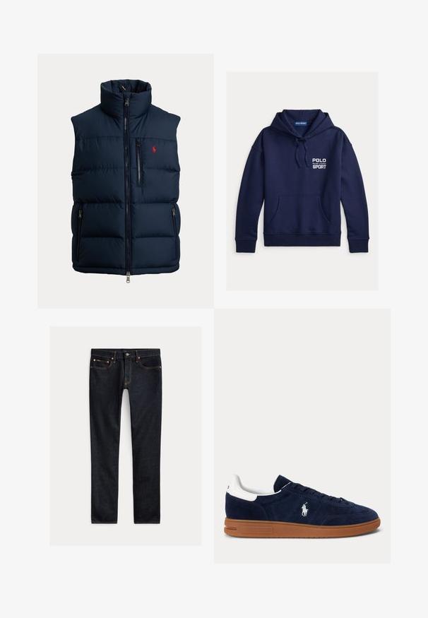 Chaleco acolchado azul marino con cuello alto, cremallera completa en la parte delantera, cremallera en el bolsillo del pecho, dos cremalleras en los bolsillos laterales y pequeño logo rojo en el pecho.; Sudadera con capucha azul marino hecha de tela suave, con un bolsillo frontal, puños acanalados y el logo "POLO SPORT" en blanco.; Vaqueros ajustados de color azul oscuro con cinco bolsillos, cierre de botones y costuras en contraste, colocados planos sobre un fondo claro.; Zapatilla de ante azul marino con lengüeta blanca en el talón, logo bordado en el lateral, suela de goma marrón y cordones negros.