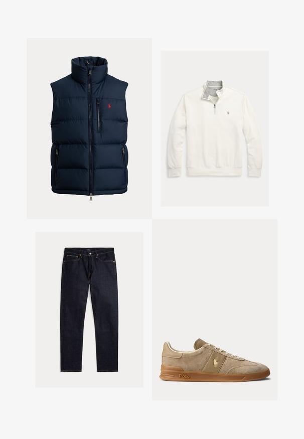 Marineblå foret vest med høj krave, fuld frontlynlås, lynlås på brystlomme, to lynlåse på sidelommer og lille rødt logo på brystet.; Hvid langærmet pullover med kvart lynlås, grå indvendig krave og lille broderet hestelogo på venstre bryst.; Mørk indigoblå jeans med lige ben, fem lommer, knap- og lynlås lukning samt kontrastfulde orange syninger på en ensfarvet baggrund.; Beige ruskind og læder lav-top sneaker med gummisål, hvide snørebånd og Polo-logo på siden og sålen.