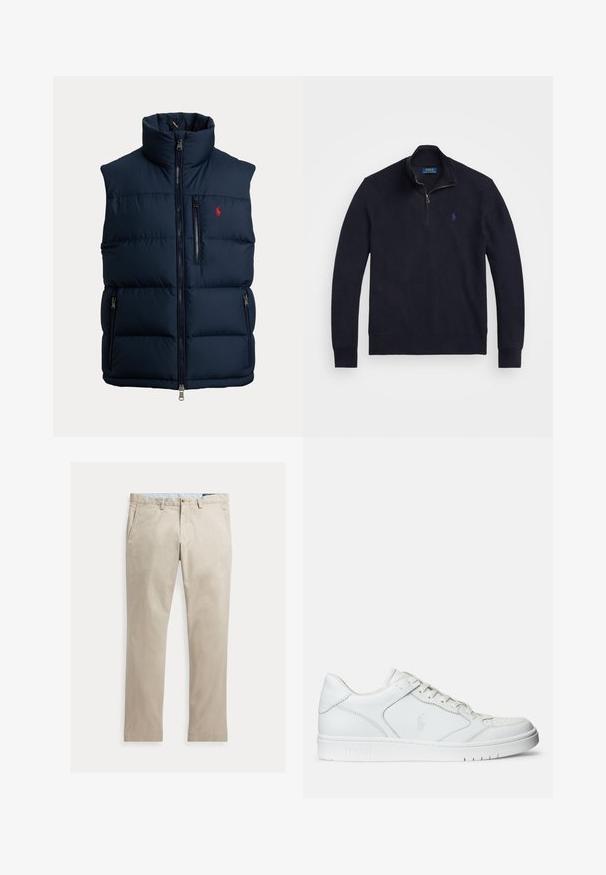 Marineblå foret vest med høj krave, fuld frontlynlås, lynlås på brystlomme, to lynlåse på sidelommer og lille rødt logo på brystet.; Marineblå quarter-zip sweater med lange ærmer, ribbede mansjetter og et lille broderet polo-spiller logo på venstre bryst.; Beige bomuldsbukser med lige ben, forlommer, bæltestropper, knaplukning og lynlås, lagt fladt på en hvid baggrund.; Hvide lædersneakers med en glat tekstur, der har en perforeret tå, snørebåndslukning og broderet logo på siden. Hvid gummisål.