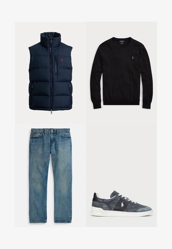 Marineblå foret vest med høj krave, fuld frontlynlås, lynlås på brystlomme, to lynlåse på sidelommer og lille rødt logo på brystet.; Sort langærmet crewneck-trøje med lille Polo Ralph Lauren-logo broderet på venstre bryst.; Lyseblå denimjeans med lige ben, der har fem lommer, lukning med knap og diskret falmet effekt for tekstur.; Grå ruskinds sneaker med hvide snørebånd, en mørk panel med logo og en hvid gummisål. Rund tå med syningdetaljer.
