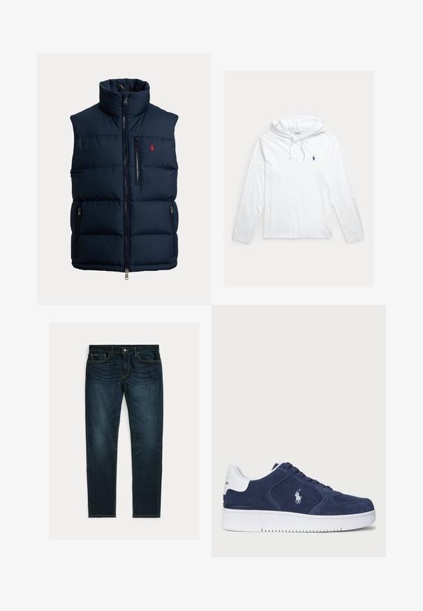 Marineblauwe pufferbodywarmer met hoge kraag, volledige ritssluiting aan de voorkant, ritssluiting op de borstzak, twee ritsen op de zijzakken en een klein rood logo op de borst.; Witte hoodie met lange mouwen, trekkoorden en een klein marineblauw polo spelerlogo op de linkerborst.; Donkerblauwe slim-fit jeans met lichte vervaging en vijfzakkenontwerp, plat gelegd op een witte achtergrond.; Marineblauwe suède sneaker met witte accenten en een gestructureerd oppervlak. Voorzien van een wit logo aan de zijkant, veterontwerp en rubberen zool.