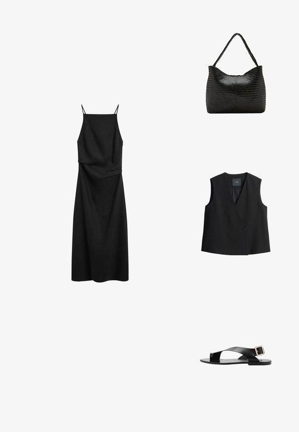 Schwarzes ärmelloses Top mit tiefem V-Ausschnitt, vorderem Knopfverschluss und glatter Stoffoberfläche. Einfaches Design, ohne Taschen oder Muster.; Schwarzes ärmelloses Kleid mit dünnen Trägern, geradem Ausschnitt und lockerem, knöchellangem Schnitt auf weißem Hintergrund.; Schwarze flache Sandalen mit einem Überkreuz-Riemendesign, aus glattem Material gefertigt. Verfügt über eine quadratische Schnalle am Knöchelriemen und eine minimalistische Sohle.; Schwarze Schultertasche aus gewebtem Leder mit einem einzelnen geflochtenen Griff und einer weichen, abgerundeten rechteckigen Form.