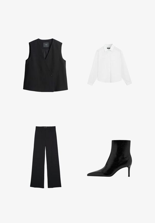 Schwarzes ärmelloses Top mit tiefem V-Ausschnitt, vorderem Knopfverschluss und glatter Stoffoberfläche. Einfaches Design, ohne Taschen oder Muster.; Weißes Langarmhemd mit Knöpfen und Kragen, flach auf weißem Hintergrund präsentiert.; Schwarze, weit geschnittene Hose mit Knopf- und Reißverschluss, Gürtelschlaufen und glattem, maßgeschneidertem Finish.; Schwarze Ankle-Boots mit spitzem Design, aus glänzendem Leder gefertigt. Verfügt über einen Stiletto-Absatz und eine glatte Textur. Keine sichtbaren Verzierungen.