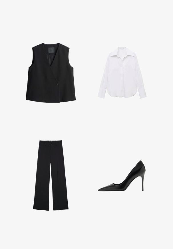 Schwarzes ärmelloses Top mit tiefem V-Ausschnitt, vorderem Knopfverschluss und glatter Stoffoberfläche. Einfaches Design, ohne Taschen oder Muster.; Weißes Langarm-Hemd mit Knopfleiste, klassischem Kragen, lässiger Passform, Seitenschlitzen und glatter Textur aus leichtem Stoff.; Schwarze Hosen mit weitem Bein, Gürtelschlaufen, vorderer Knopfleiste und Reißverschluss, flach auf einem weißen Hintergrund liegend.; Schwarzer Lederhighheel-Schuh mit spitzem Schuhumriss, glatter Textur und schmalem Stiletto-Absatz. Besitzt ein elegantes, minimalistisches Design.