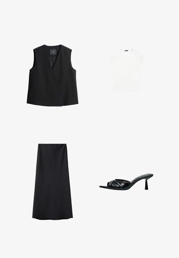 Zwarte mouwloze vest met een diepe V-hals, sluiting met knopen aan de voorkant, en een gladde stoftextuur. Eenvoudig ontwerp, heeft geen zakken of patronen.; Witte katoenen T-shirt met een ronde halslijn en korte mouwen. Eenvoudig ontwerp, geen patronen of accenten. Zachte, gladde textuur.; Zwarte A-lijn midi-rok met een gladde textuur en een simpele tailleband, getoond op een witte achtergrond.; Zwarte mules met open teen en een glanzende afwerking, voorzien van een geplooide bovenkant, een slanke hak en een gladde zool.