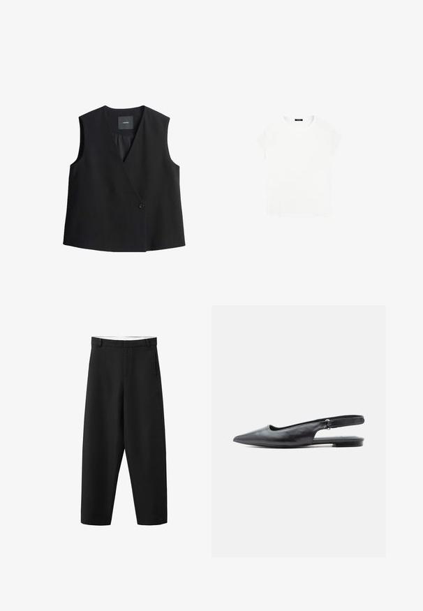 Schwarzes ärmelloses Top mit tiefem V-Ausschnitt, vorderem Knopfverschluss und glatter Stoffoberfläche. Einfaches Design, ohne Taschen oder Muster.; Weißes Baumwoll-T-Shirt mit rundem Ausschnitt und kurzen Ärmeln. Einfaches Design, ohne Muster oder Akzente. Weiche, glatte Textur.; Schwarze gerade geschnittene Hose mit Gürtelschlaufen, einem Frontreißverschluss und einem sauberen, schlichten Design, geeignet für formelle oder legere Anlässe.; Schwarzer, spitz zulaufender Slingback-Flachschuh aus Leder mit niedrigem Absatz und verstellbarem Riemen vor hellem Hintergrund.
