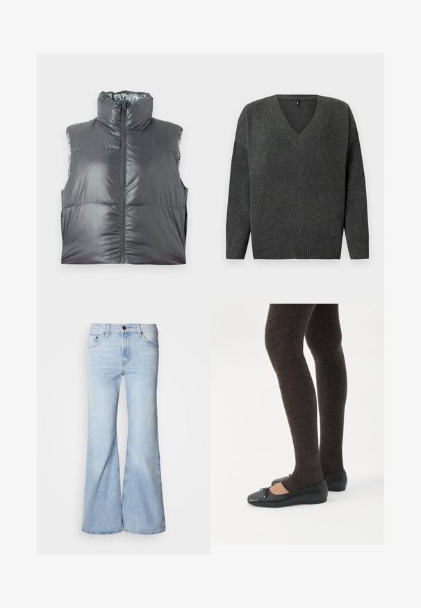 Grijze puffy vest met hoge kraag en een voorrits. Heeft een glanzende buitenkant en een gemusterd binnenvoering. Lichtgewicht en mouwloos ontwerp.; Grijze gebreide trui met V-hals, geribbelde boorden en onderrand. Heeft een zachte textuur en een ontspannen pasvorm, geschikt voor het lagen in koelere weersomstandigheden.; Lichtblauwe flare jeans met een hoge taille, gemaakt van denim, voorzien van vijf zakken en een knoopsluiting. De pijpen zijn wijd en hebben een licht vervaagde afwerking.; Benen met donkere geribbelde leggings gecombineerd met zwarte ballerina's met kleine strikdetails op een witte achtergrond.