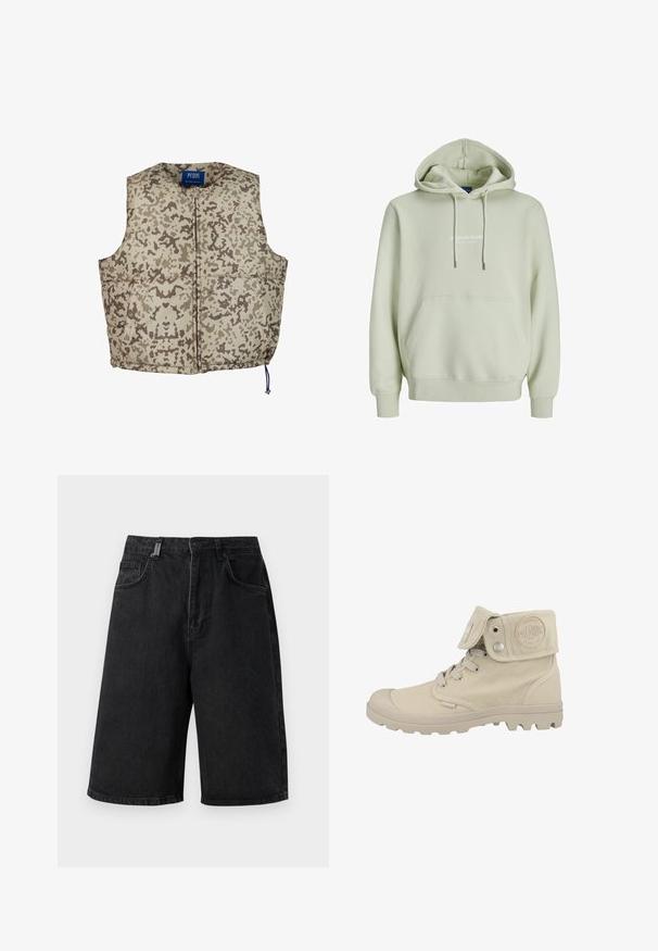 Vuorattu liivi, jossa on beige ja ruskea naamiointikuvio, etuvetoketju, pyöreä kaula-aukko ja säädettävä nyöri alaosassa.; Jack & Jones Printed - Huppari - celadon tint; Mustat farkkushortsit, joissa on rento malli, keskikorkea vyötärö, viisi taskua ja vyölenkit. Kangas on sileä ja siinä on hienovaraisia ompeluyksityiskohtia.; Beige keskikorkeat saappaat, jotka on valmistettu kankaasta. Ne sisältävät pyöreän varpaisan, kumipohjan, jossa on pito, nauhakiinnityksen ja läpän, jossa on logotiedot.