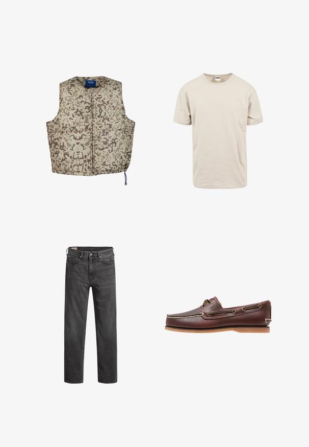 Chaleco acolchado en un patrón de camuflaje beige y marrón, con cremallera frontal, cuello redondo y cordón ajustable en la parte inferior.; Camiseta de algodón beige, de mangas cortas, con cuello redondo y corte relajado. Textura suave con un diseño simple y sin adornos.; Jeans de denim gris oscuro con corte recto, cinco bolsillos y remaches de cobre. Diseño clásico con una textura ligeramente deslisada.; Zapato náutico de cuero marrón con costuras blancas, detalles de cordones y suela de goma color coñac, mostrado de lado sobre un fondo blanco.