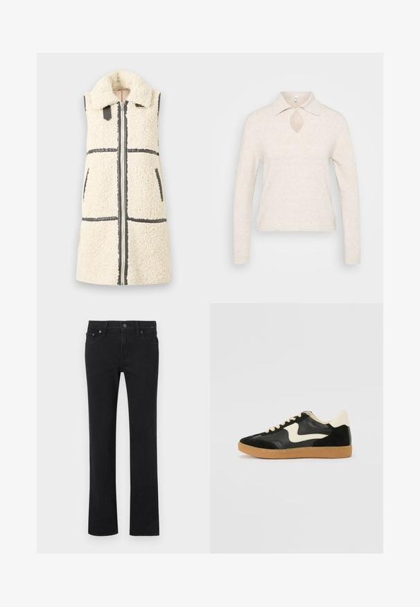 Gilet sans manches en sherpa blanc avec un grand col, fermeture éclair à l'avant, deux poches et détails en bord noir.; Pull en maille beige clair avec col, découpe en forme de clé au niveau du décolleté et manches longues ; tissu texturé et doux avec une coupe décontractée.; Jean noir à jambe droite avec bouton et fermeture éclair à l'avant, passants pour ceinture, poches avant et arrière, présenté à plat sur fond blanc.; Baskets en daim et cuir noir avec un swoosh latéral crème et un talon crème clair. Dotées de lacets beige et d'une semelle en caoutchouc gomme.