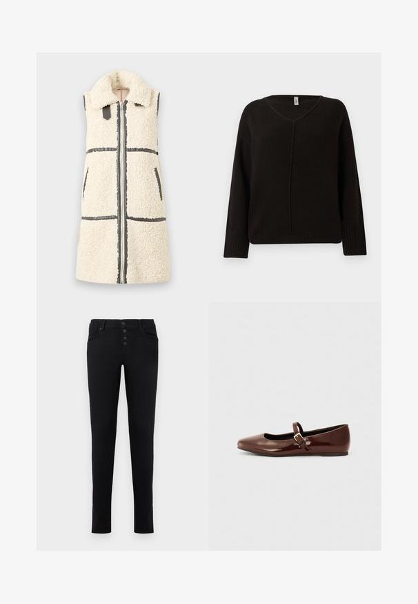 Gilet sans manches en sherpa blanc avec un grand col, fermeture éclair à l'avant, deux poches et détails en bord noir.; Pull noir en V en tricot doux et texturé. Doté de manches longues avec des bords côtelés et une couture centrale subtilement brodée. Coupe décontractée.; Jean en denim noir avec une coupe slim, cinq poches et un bouton. Présente une texture lisse et des lignes épurées.; Ballerine en cuir verni marron avec un bout carré et une lanière ornée d'une petite boucle dorée. Texture lisse, talon bas et design minimaliste.
