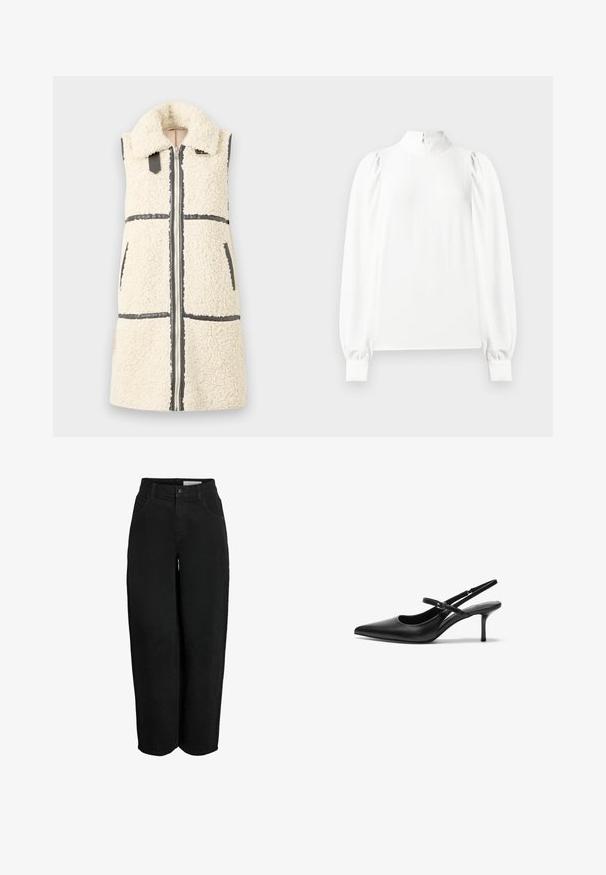 Gilet sans manches en sherpa blanc avec un grand col, fermeture éclair à l'avant, deux poches et détails en bord noir.; Blouse blanche à manches longues avec col montant, épaules bouffantes, poignets boutonnés et fermeture éclair dans le dos.; Pantalons larges noirs en tissu de coton texturé, avec une fermeture à bouton, des passants de ceinture et quatre poches.; Talons aiguilles noires en cuir avec un bout pointu, une fine bride réglable, et un talon aiguille d'environ 5 cm, texture lisse.