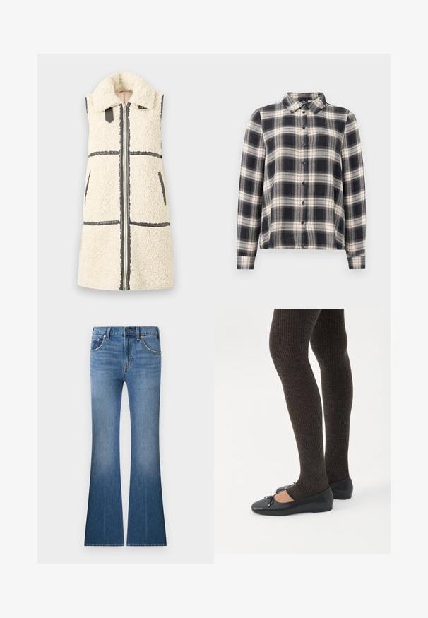 Gilet sans manches en sherpa blanc avec un grand col, fermeture éclair à l'avant, deux poches et détails en bord noir.; Chemise à manches longues à carreaux dans des teintes marine, blanche et beige. Dotée d'un col standard, d'une fermeture à boutons sur le devant et d'un tissu doux avec un motif à carreaux.; Jean en denim bleu taille haute, avec poches avant, fermeture à bouton et glissière, et jambes évasées.; Jambes portant des leggings côtelés foncés associés à des ballerines noires avec de petits détails en nœud sur fond blanc.