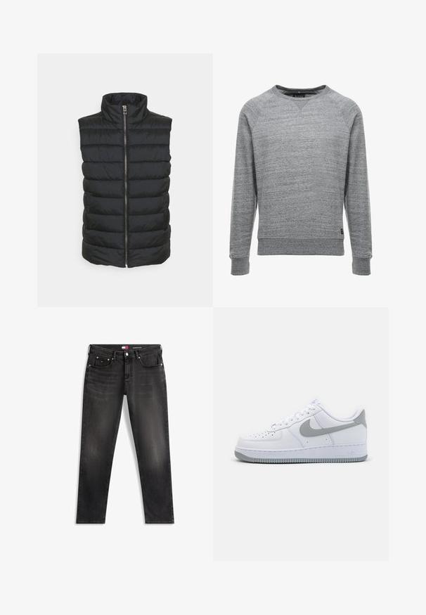 Gilet rembourré noir avec un col montant, doté d'une fermeture éclair centrale et d'un motif matelassé horizontal. Le matériau semble lisse et léger.; Sweatshirt gris en tissu doux avec une finition texturée, doté d'un col rond, de manches longues et de poignets et d'un ourlet côtelés.; Jean slim noir en denim avec poches avant, passants pour ceinture et fermeture par bouton, avec un léger effet délavé et une petite étiquette de marque.; Baskets blanches en cuir avec un logo Swoosh gris, un embout perforé et une semelle en caoutchouc texturée. Hauteur de cheville courte.