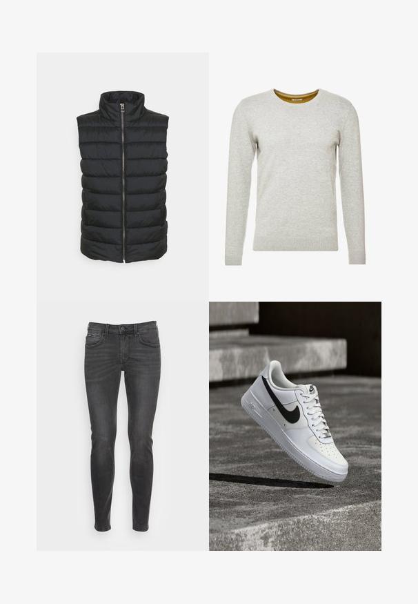 Gilet rembourré noir avec un col montant, doté d'une fermeture éclair centrale et d'un motif matelassé horizontal. Le matériau semble lisse et léger.; TOM TAILOR CREW NECK - Pullover - light soft grey melange; Jeans noirs slim avec une texture lisse, présentant un design classique à cinq poches et un léger dégradé sur le devant.; Baskets blanches Nike Air Force 1 avec le swoosh noir, lacets attachés, en suspension dans les airs au-dessus d'une surface en béton texturé en extérieur.