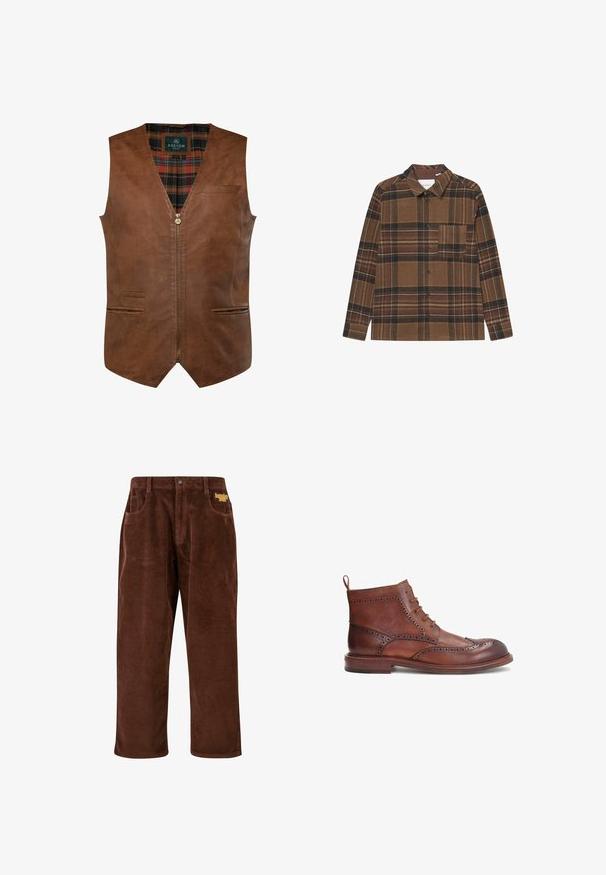 Chaleco de cuero marrón con un diseño de escote en V, que presenta un zipper frontal, dos bolsillos laterales y un forro interior de cuadros. Textura suave con costuras en contraste.; Camisa de cuadros marrón hecha de tejido suave, con mangas largas, cierre de botones, cuello y un único bolsillo en el pecho que presenta rayas de colores.; Pantalones de pana marrones con textura acanalada, piernas rectas, bolsillos frontales y un logo amarillo bordado cerca de la cinturilla.; Botas de cuero marrón con detalles de brogue decorativos, puntera redonda, diseño de cordones y un tacón bajo. Incluye una tira en la parte trasera para facilitar el calzado.