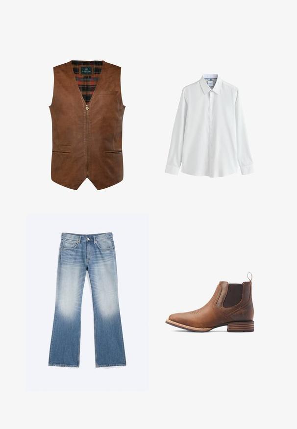 Bruine leren gilet met een v-hals ontwerp, voorzien van een frontzipper, twee zijzakken en een geruite binnenvoering. Gladde textuur met accentstiksel.; Witte blouse met lange mouwen, een puntige kraag, knoopsluiting aan de voorkant en een binnenkraag met bloemenpatroon. Gladde stoftextuur.; Blauwe vervaagde spijkerbroek met een hoge taille, vijf zakken, knoopsluiting en een lichte uitlopende pijp onderaan.; Ariat HYBRID LOW BOY WIDE SQUARE TOE - Lage laarzen - old earth