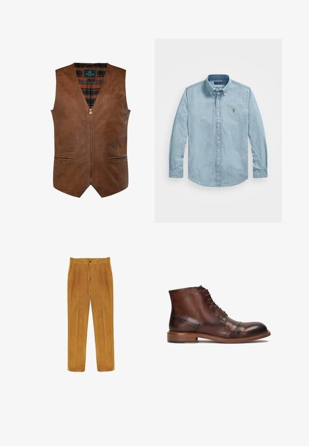 Chaleco de cuero marrón con un diseño de escote en V, que presenta un zipper frontal, dos bolsillos laterales y un forro interior de cuadros. Textura suave con costuras en contraste.; Camisa vaquera azul claro de manga larga con cuello abotonado, botones frontales y pequeño logo bordado en el pecho izquierdo.; Pantalones de pana en color mostaza, con un diseño de pierna recta, dos bolsillos frontales y un cierre de botón. Tejido texturizado.; Botas de tobillo de cuero marrón con punta redonda, diseño de cordones y suela de goma con un detalle de tacón en contraste. Textura suave y pulida.