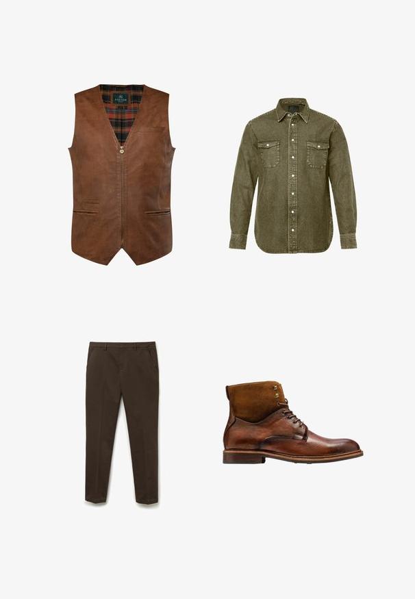 Brun lædervest med V-halsdesign, der har en frontlynlås, to sidelommer og et ternet for. Glat tekstur med dekorative sømme.; Olivengrøn denimskjorte med lange ærmer, knappet krave, to brystlommer og sølvfarvede trykknapper, med en lige pasform og tekstureret overflade.; Brune skræddersyede bukser med en glat tekstur, lige pasform, sidelommer og et rent taljede-design. Ingen synlige pynt.; Kazar ALID - Snørestøvletter - brown