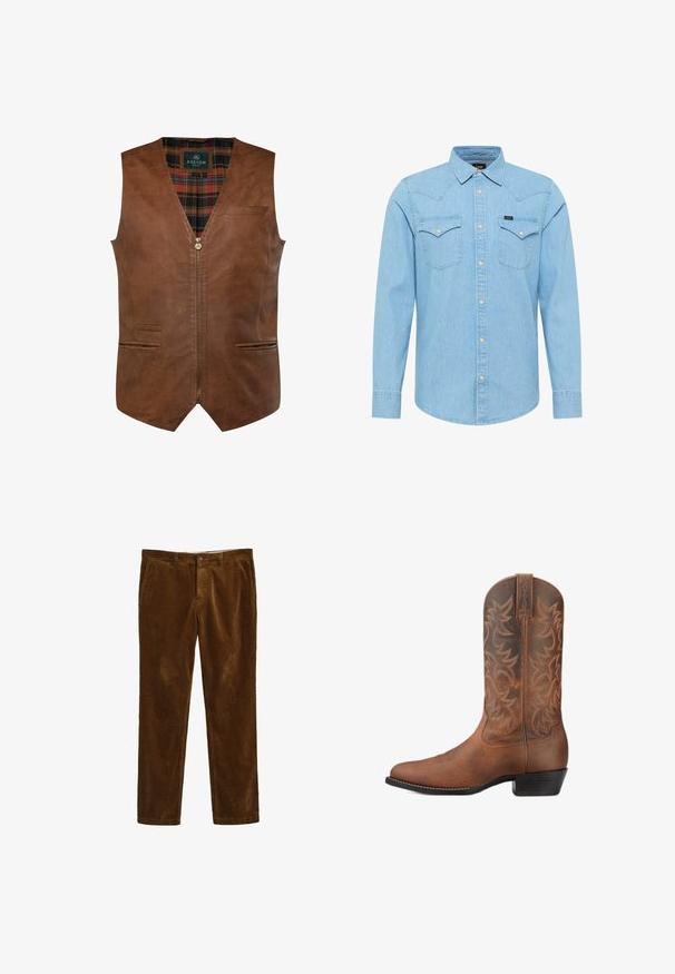 Brun lædervest med V-halsdesign, der har en frontlynlås, to sidelommer og et ternet for. Glat tekstur med dekorative sømme.; Lyseblå denimskjorte med lange ærmer, knaplukning, to brystlommer med knapper, spids krave og lille Lee-logo på venstre lomme.; Brune corduroy bukser med et lige ben-design, der har en frontlukning med knap og to sidelommer. Tekstiler med ribbet mønster.; Brun læder cowboystøvle med syede dekorative mønstre og en lav stablet hæl, vist fra siden på en hvid baggrund.
