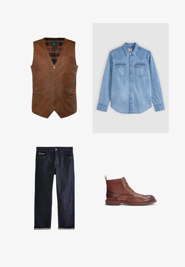 Bruine leren gilet met een v-hals ontwerp, voorzien van een frontzipper, twee zijzakken en een geruite binnenvoering. Gladde textuur met accentstiksel.; Lichtblauw denim overhemd met lange mouwen, puntkraag, twee borstzakken met kleppen en witte drukknoopjes aan de voorkant.; Donkerblauwe spijkerbroek met een klassieke rechte pasvorm, voorzien van vijf zakken, een knoopsluiting en opgerolde boorden met een lichtblauwe voering.; Bruine leren laars met decoratieve brogue-details, ronde neus, veterontwerp en een lage gestapelde hak. Inclusief een achterste treklus.