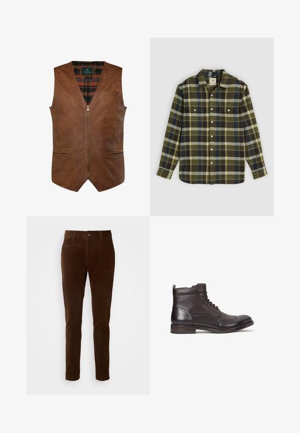 Brun lædervest med V-halsdesign, der har en frontlynlås, to sidelommer og et ternet for. Glat tekstur med dekorative sømme.; Grønternet flannel skjorte med lange ærmer, med to brystlommer og hvide knapper. Materialet har en blød tekstur og et afslappet design.; Brune cordfløjlsbukser med lige ben, der har en knaplukning og subtil lodret ribbe-textur.; Mørkebrune læder ankelstøvler med wingtip-design, rund tå, diskrete brogue-detaljer, metaløjer og flad hæl. Har en træksløjfe.