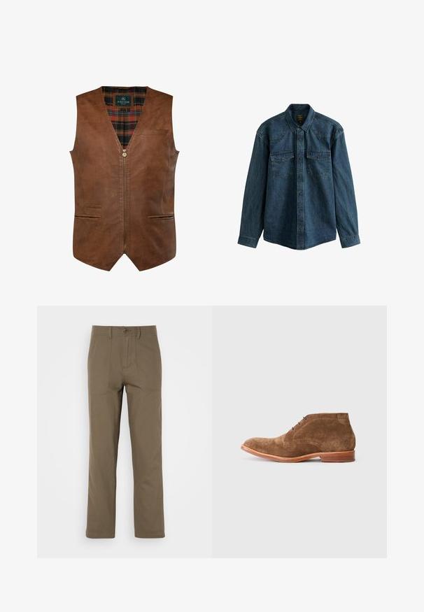 Bruine leren gilet met een v-hals ontwerp, voorzien van een frontzipper, twee zijzakken en een geruite binnenvoering. Gladde textuur met accentstiksel.; Donkerblauwe denim overhemd met lange mouwen, een puntige kraag en twee borstzakken met drukknoopsluitingen. Gestructureerde stof.; Khaki katoenen broek met een recht model, voorzien van twee voorzakken, een knoopsluiting en een gladde structuur.; Bruine suède enkelboots met een ronde neus, zes oogjes voor veters en een gladde houten ondergrond. Lichtgewicht ontwerp met subtiele stiksels.