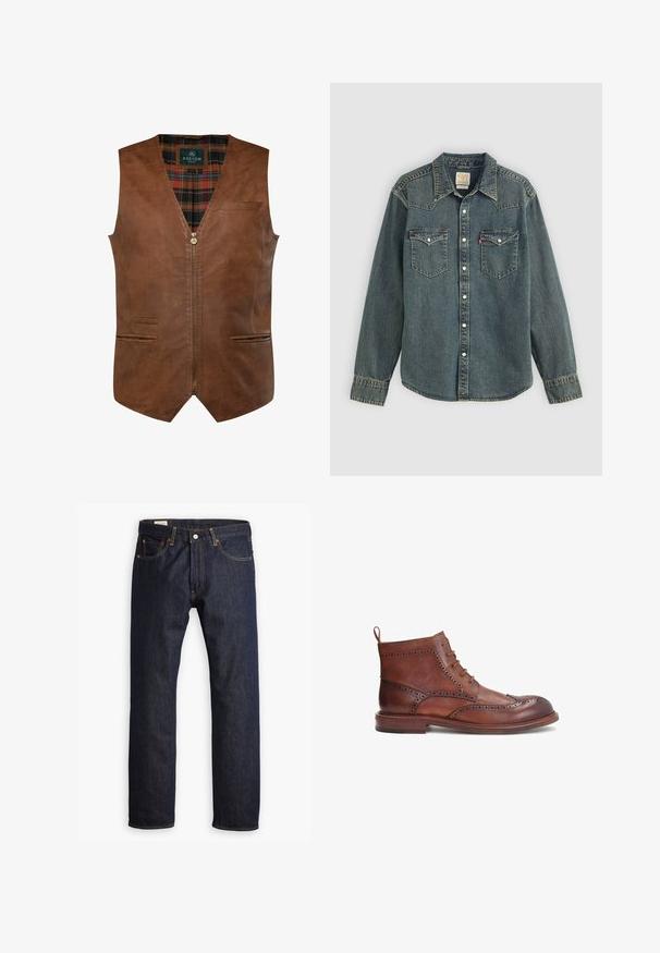 Brun lædervest med V-halsdesign, der har en frontlynlås, to sidelommer og et ternet for. Glat tekstur med dekorative sømme.; Denimskjorte med lange ærmer, knaplukning foran, to brystlommer og en mørkeblå vask. Har spids krave og kontrasterende syninger.; Mørkeblå denimjeans med lige ben, orange syninger og fem lomme-design med metalspænde.; Brune læderstøvle med dekorative brogue-detaljer, rund tå, snøredesign og lav stak heel. Inkluderer en bageste pull-tab.