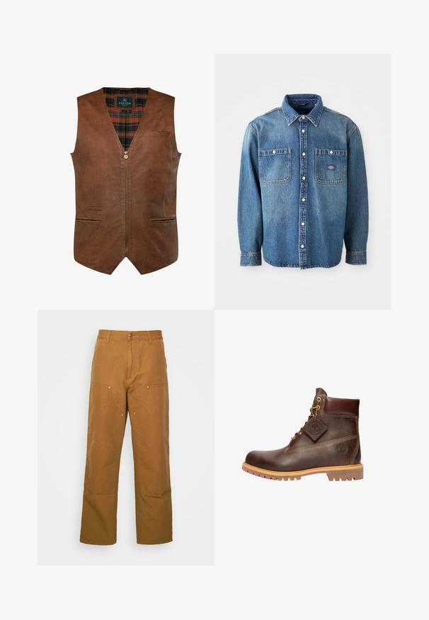 Brun lædervest med V-halsdesign, der har en frontlynlås, to sidelommer og et ternet for. Glat tekstur med dekorative sømme.; Denimskjorte i mellemblå, med spidse kraver, to brystlommer og sølvknapper. Lange ærmer med knapmanchetter.; Brune bomuldsarbejdsbukser med lige ben-design, der har frontlommer og metalhardware detaljer for ekstra holdbarhed.; Brun læder ankelstøvle med rund tå, solid sål, hardware i guldtone og en tekstureret overdel. Inkluderer et logo-tagfæstet.
