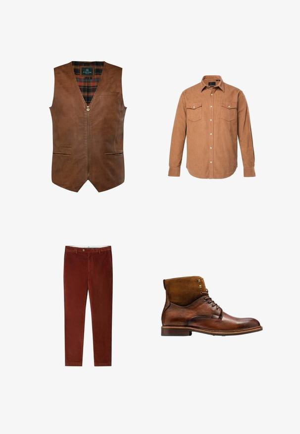 Chaleco de cuero marrón con un diseño de escote en V, que presenta un zipper frontal, dos bolsillos laterales y un forro interior de cuadros. Textura suave con costuras en contraste.; Camisa de pana marrón con botones en el frente, cuello puntiagudo, dos bolsillos en el pecho y mangas largas con puños de botones. Tejido texturizado.; Pantalones de pana marrones con un diseño de pierna recta, que cuentan con cierre de botón y bolsillos, textura suave y un sutil patrón de acanalado.; Kazar ALID - Botines con cordones - brown