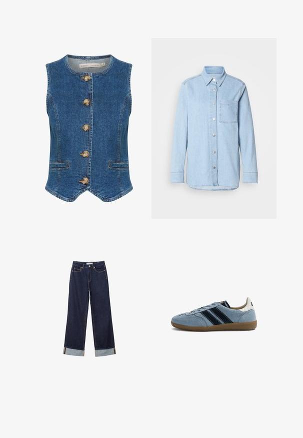 Dunkelblaue Jeansweste mit rundem Ausschnitt, ausgestattet mit fünf großen, goldenen Knöpfen auf der Vorderseite und zwei seitlichen Taschen. Glatte Textur.; Himmelblaues Denim-Hemd mit Knopfverschluss, spitzem Kragen, einer Brusttasche und langen Ärmeln mit knöpfbaren Manschetten.; Dunkelblaue Jeans mit weitem Bein, aufgerollten Säumen, Fronttaschen und sichtbaren Nähten, flach auf weißem Hintergrund ausgelegt.; Hellblauer Wildleder-Sneaker mit schwarzen Streifen, Gummisohle und weißer Fersenlasche, seitlich auf weißem Hintergrund gesehen.