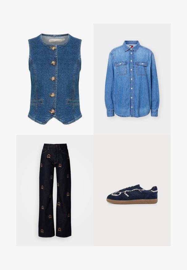 Denimvest i mørkeblå med rund halsudskæring, der har fem store, gyldne knapper fortil og to sidelommer. Glat tekstur.; Lyseblå denimskjorte med knapper, lange ærmer, to frontlommer med klap og krave, vist på en hvid baggrund.; Mørk denim bukser med vidde i benene, prydet med flerfarvede broderede kronekronemotiver. Klassisk fem-lomme design med kontrastsyede detaljer.; Marineblå ruskindssneaker med hvid snøreliste og gummisål vist fra siden på en ensfarvet lys baggrund.