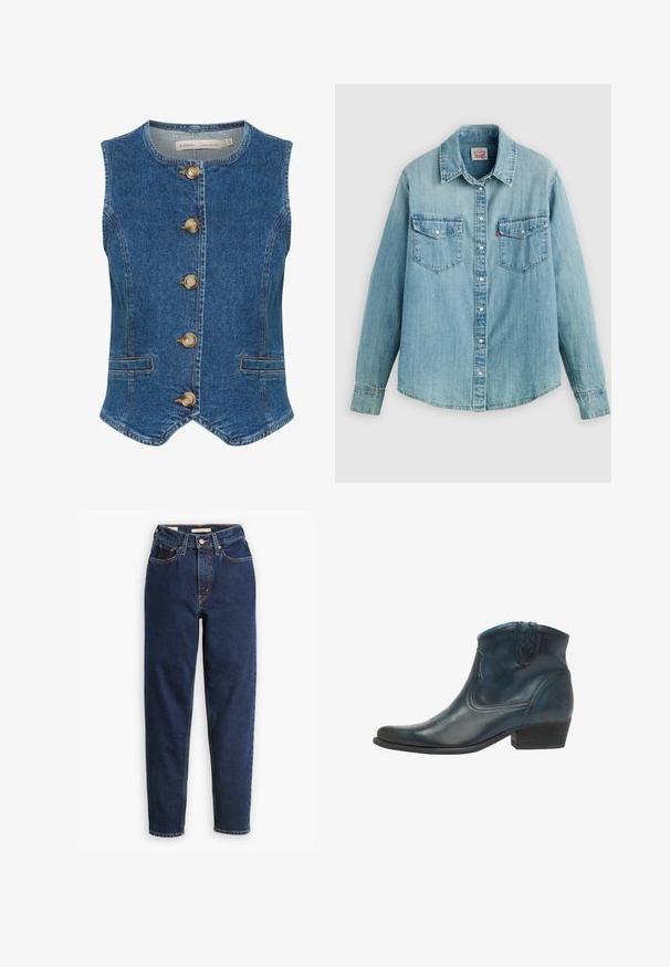 Dunkelblaue Jeansweste mit rundem Ausschnitt, ausgestattet mit fünf großen, goldenen Knöpfen auf der Vorderseite und zwei seitlichen Taschen. Glatte Textur.; Hellblaues Denimhemd mit klassischem Kragen, vorderer Knopfleiste, zwei Brusttaschen und geknöpften Manschetten sowie einem leicht geschwungenen Saum.; Dunkelblaue Jeans aus Denim mit hoher Taille, Fünf-Taschen-Design und geraden Beinen. Kontrastnähte und Knopfverschluss.; Cowboy-Stiefel aus dunkelblauem Leder, mit spitz zulaufender Zehenpartie, geschwungenen Akzenten und einem niedrigen, gestapelten Absatz mit dezenten Nähdetails.