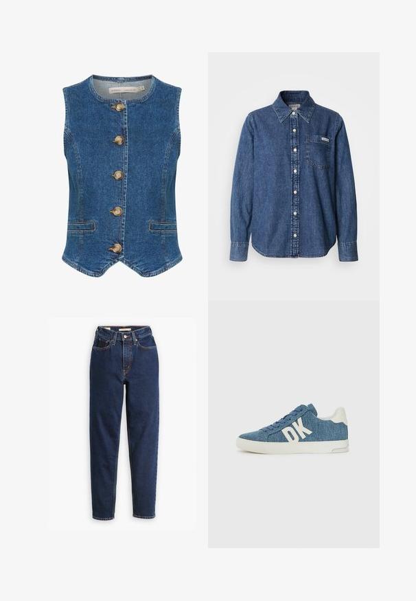 Denimvest i mørkeblå med rund halsudskæring, der har fem store, gyldne knapper fortil og to sidelommer. Glat tekstur.; Blå denimskjorte med lange ærmer, knaplukning foran, krave, enkelt brystlomme og diskrete syningsdetaljer. Glat tekstur og afslappet pasform.; Mørkeblå denimjeans med høj talje, femlommedesign og lige ben. Kontrastsyninger og knaplukning.; Denim sneakers med et blåt tekstureret stof, hvid gummisål og stort hvidt "DK" branding på siden.