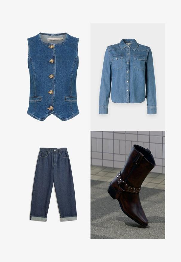 Denimvest i mørkeblå med rund halsudskæring, der har fem store, gyldne knapper fortil og to sidelommer. Glat tekstur.; Denimskjorte med en lys blå nuance, klassisk krave og to brystlommer. Den har trykknapper og lange ærmer med knapmanchetter.; Mørkeblå, vide denimbukser med foldede manchetter, frontknap og lynlås, bæltestropper og fem lommer.; Mørkebrune læderankelstøvler med sølvnitter og en remdetalje, vist mod en baggrund af fliser på væggen og betongulv.