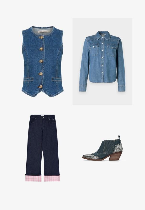 Denimvest i mørkeblå med rund halsudskæring, der har fem store, gyldne knapper fortil og to sidelommer. Glat tekstur.; Denimskjorte med en lys blå nuance, klassisk krave og to brystlommer. Den har trykknapper og lange ærmer med knapmanchetter.; Mørkeblå vidde-facon denimjeans med pink og hvide ternede opsmøg og forlommer, knap og "Oh April" mærke på linningen.; Ankelhøj denimstøvle med sølvfarvede revnet læderdetaljer, spids snude, stablet træhæl og elastiske sidepaneler for nem påtagning.