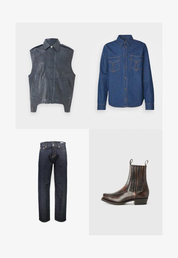 Ærmeløs mørkeblå lædervest med en struktureret krave, frontsnit og to sidelommer. Tekstureret overfladedetalje tilføjer visuel interesse.; Denimskjorte i mørkeblå med spids krave, frontlukning med knapper, to brystlommer og kontrasterende orange syninger.; Junk De Luxe LOOSE - Jeans Straight Leg - rinse wash; Brun læder ankelstøvle med en glat overflade, elastiske sidepaneler, en rund tå, dekorativ syning og en lav blokhæl.