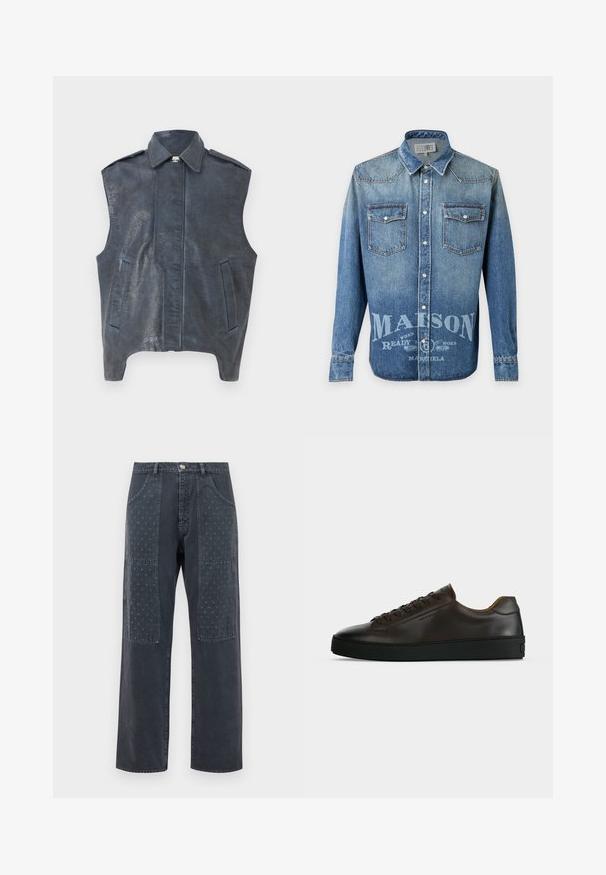 Ærmeløs mørkeblå lædervest med en struktureret krave, frontsnit og to sidelommer. Tekstureret overfladedetalje tilføjer visuel interesse.; Blå denim langærmet skjorte med trykknapper, to forlommer med klap og falmet hvid tekst med "MAISON" hen over den nederste forside.; Mørkegrå jeans med bred benudskæring, der har dekorative lapper på forsiden med et subtilt blomstermønster og standardlomme-detaljering.; Lavprofil mørkebrune lædersneaker med sort gummisål, snørelukning foran og glat minimalistisk design på lys baggrund.