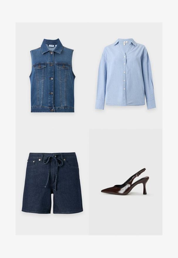 Gilet en jean bleu sans manches avec des boutons métalliques et deux poches poitrine boutonnées, avec un col classique et des détails de coutures verticales.; Chemise bleu clair à manches longues avec col, six boutons blancs et coupe décontractée sur fond uni.; Shorts en denim bleu foncé avec poches avant et ceinture en tissu nouée à la taille, présentés sur un fond gris uni.; Talons slingback en cuir verni brun avec un bout pointu, un talon fin, et une sangle réglable avec une petite boucle.