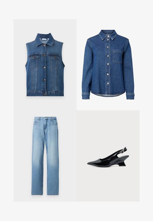 Gilet en jean bleu sans manches avec des boutons métalliques et deux poches poitrine boutonnées, avec un col classique et des détails de coutures verticales.; Chemise en denim bleu à manches longues avec boutons sur le devant, une seule poche poitrine à gauche et un col classique.; Jean denim bleu clair à jambe droite avec fermeture avant par bouton et fermeture éclair, passants de ceinture, et poches avant et arrière.; Chaussure slingback en cuir verni noir avec bout pointu et petit talon bloc incliné sur fond clair uni.