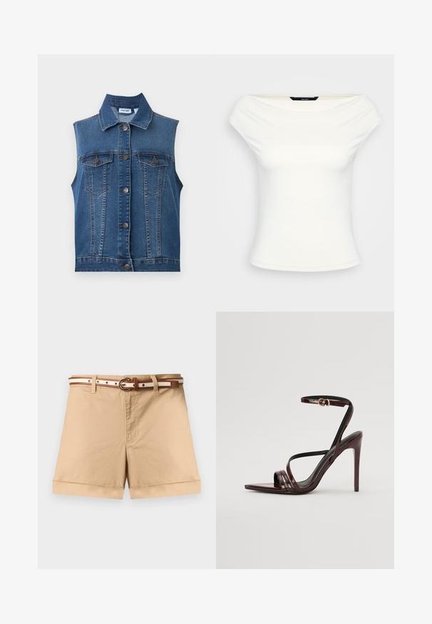 Gilet en jean bleu sans manches avec des boutons métalliques et deux poches poitrine boutonnées, avec un col classique et des détails de coutures verticales.; Haut blanc à épaules dénudées, design cintré, tissu extensible doux, manches courtes et texture lisse sans motifs ou embellissements visibles.; Short beige en coton taille haute avec revers roulés, fermeture éclair sur le devant, passants de ceinture et une ceinture fine rayée marron et blanche avec boucle.; Sandale à talons hauts en cuir verni bourgogne avec une bride de cheville, bout pointu et trois bandes horizontales sur le pied. Détail de boucle dorée.