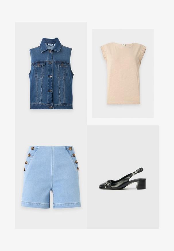 Gilet en jean bleu sans manches avec des boutons métalliques et deux poches poitrine boutonnées, avec un col classique et des détails de coutures verticales.; Chemise beige à manches courtes avec encolure ronde et bordure en dentelle aux manches, confectionnée dans un tissu léger.; Short en jean bleu clair taille haute avec six boutons marron, trois de chaque côté près des hanches, avec des détails de couture centrale.; Sandale à talon en cuir noir avec un bout pointu, une sangle texturée ornée d'accents métalliques circulaires et un talon empilé.