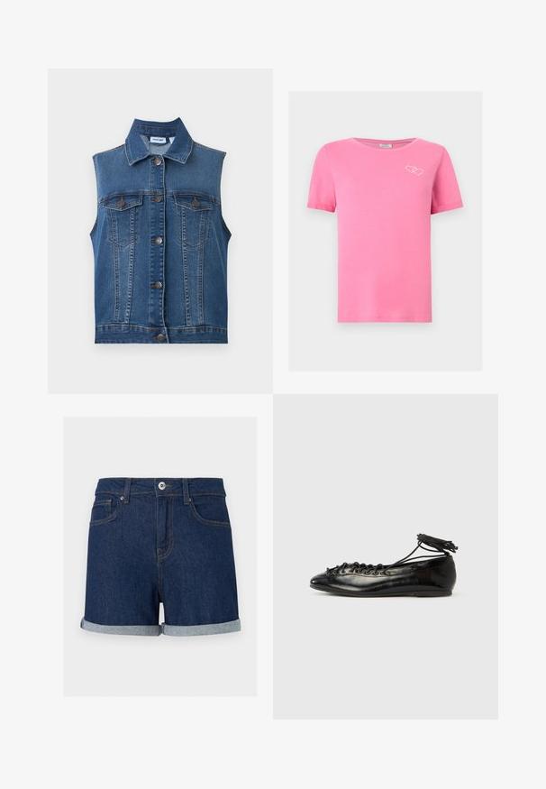 Gilet en jean bleu sans manches avec des boutons métalliques et deux poches poitrine boutonnées, avec un col classique et des détails de coutures verticales.; T-shirt rose à manches courtes avec encolure ronde et petit motif double cœur blanc en contour sur le haut du côté gauche de la poitrine.; Short en denim bleu foncé avec ourlets pliés, fermeture à boutons et zip à l'avant, et poches avant sur fond uni.; Ballerines en cuir verni noir avec un bout rond, un design à lacets et une semelle plate. Texture lisse avec peu de détails.