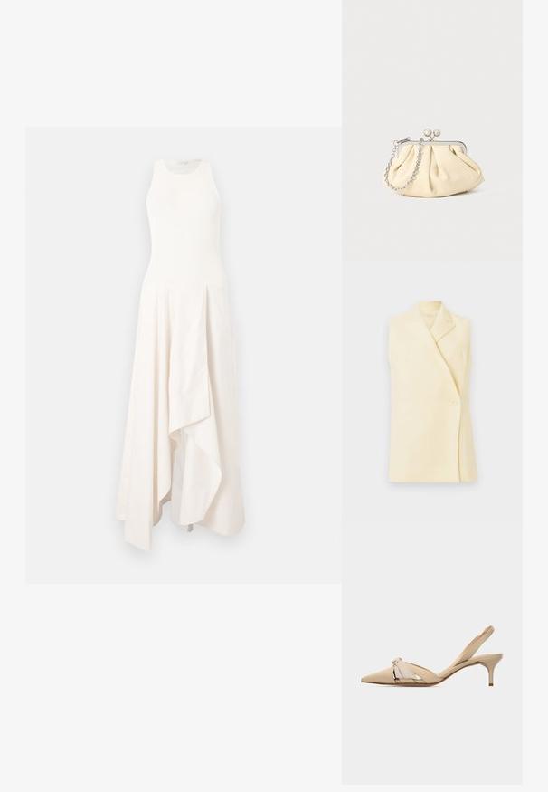 Mouwloze gele blazer met een gekartelde kraag, een enkele knopenclosure en een getailleerde pasvorm. Zachte stof met een gladde textuur.; Mouwloze witte maxi-jurk met hoge halslijn en asymmetrische gelaagde rok, getoond op een witte achtergrond.; Beige kittenheel slingback met puntige neus, decoratieve knoop op het bovenwerk en een lage, slanke hak.; Geplooide beige leren clutch met een zilveren metalen frame, voorzien van twee ronde decoratieve sluitingen en een zilveren kettingriem.