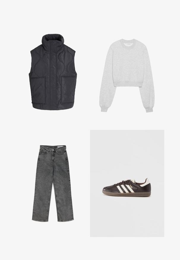 Zwarte gewatteerde mouwloze bodywarmer met hoge kraag en twee grote voorzakken, ontworpen voor warmte en casual gebruik.; Geknipt sweatshirt in lichtgrijze stof, voorzien van lange mouwen, een ronde halslijn, ribgebreide manchetten en een subtiele textuur.; Hoge taille zwarte gewassen rechte jeans met voorzakken, riemlussen, knoopsluiting en een merklabel aan de binnenkant van de tailleband.; Donkerbruine leren sneakers met een wit drie-strepen ontwerp, een rubberen zool en "Samba" in gouden letters aan de zijkant. Klassieke lage schoenvorm.