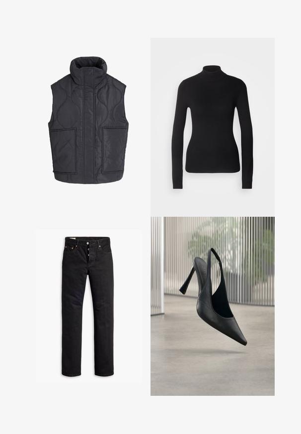 Zwarte gewatteerde mouwloze bodywarmer met hoge kraag en twee grote voorzakken, ontworpen voor warmte en casual gebruik.; Zwarte coltrui gemaakt van lichte brei stof. Heeft lange mouwen, een aansluitend design en een zachte ribbeltextuur.; Zwarte denim jeans met een rechte snit, vijf-pocket ontwerp en een knoopsluiting. Beschikt over koperen klinknagels en stikselaccenten.; Zwart leren slingback stiletto hak met puntige neus, zwevend boven een gladde betonnen vloer en verticale metalen paneel achtergrond.