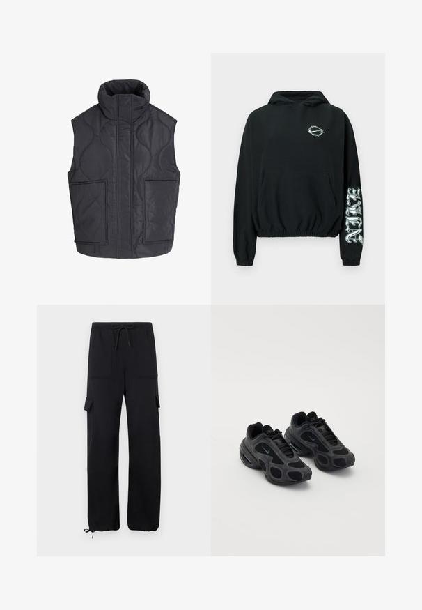 Zwarte gewatteerde mouwloze bodywarmer met hoge kraag en twee grote voorzakken, ontworpen voor warmte en casual gebruik.; Zwarte cropped hoodie met prikkeldraadontwerp op de borst en gestileerde tekst op de rechtermouw, elastische manchetten en een voorzak.; Zwarte cargobroek van zachte stof, met een elastische tailleband, twee voorzakken en elastische boorden bij de enkels.; Zwarte Nike sneakers met mesh- en suèdepanelen, unieke uitsparingen en gevoerde kraag. Glanzende accenten aan de zijkanten benadrukken een modern ontwerp.